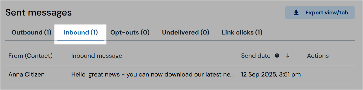 Screenshot Registerkarte „Eingehende Nachrichten“ und Export