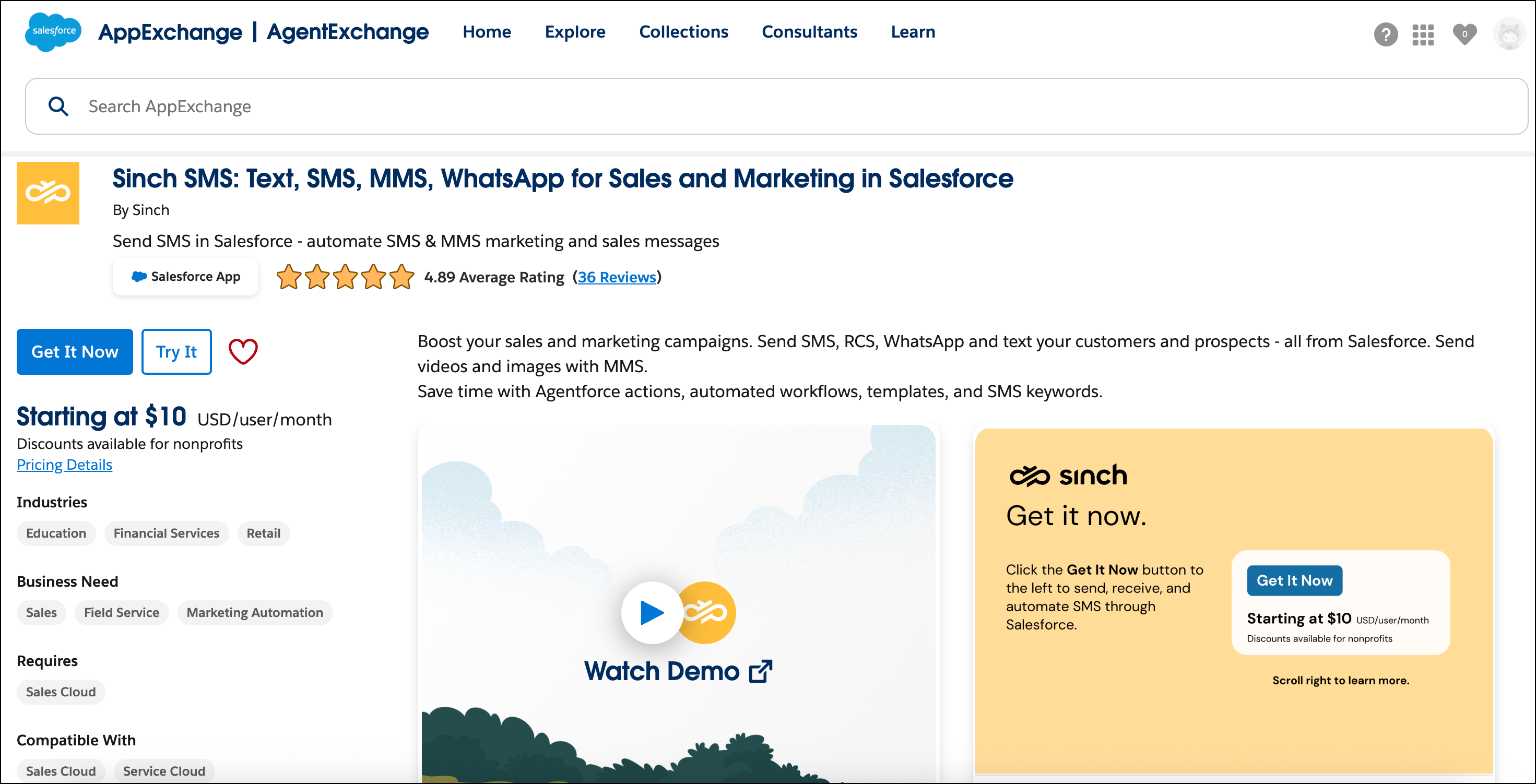 Application Sinch SMS sur Salesforce AppExchange.