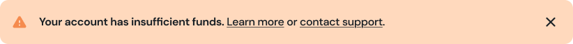 capture d'écran de la bannière de notification verte 'Votre compte n'a pas les fonds suffisants.'. Le texte est dans une boîte orange avec un bouton x. 
