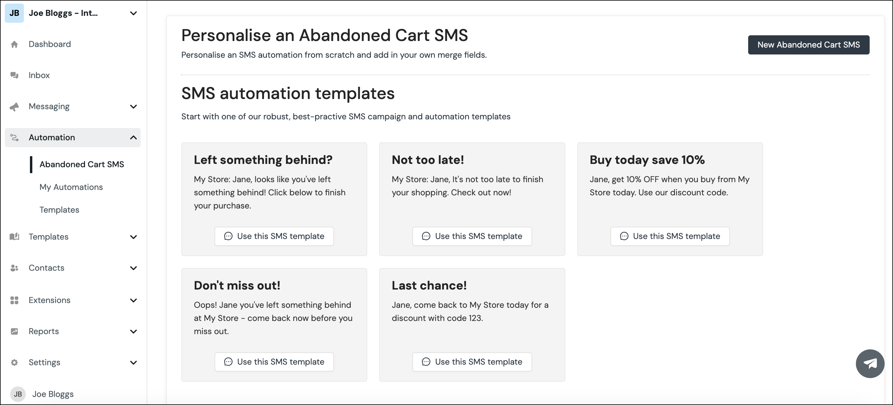 Crea SMS de carrito abandonado en la plataforma de Sinch.