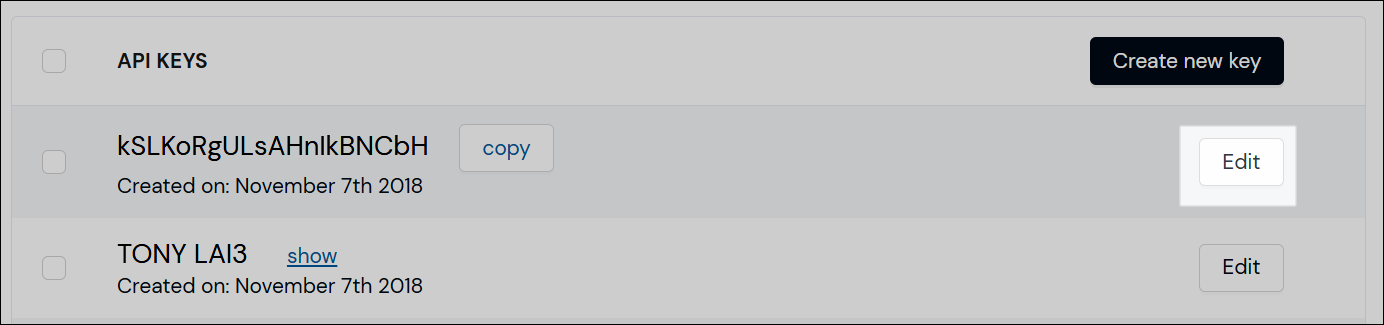 Screenshot der Bearbeiten-Schaltfläche (API-Schlüssel)