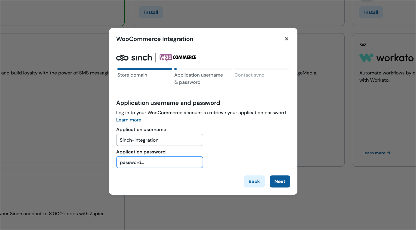 Écran de configuration de l'intégration WooCommerce dans Sinch - nom d'utilisateur et mot de passe.