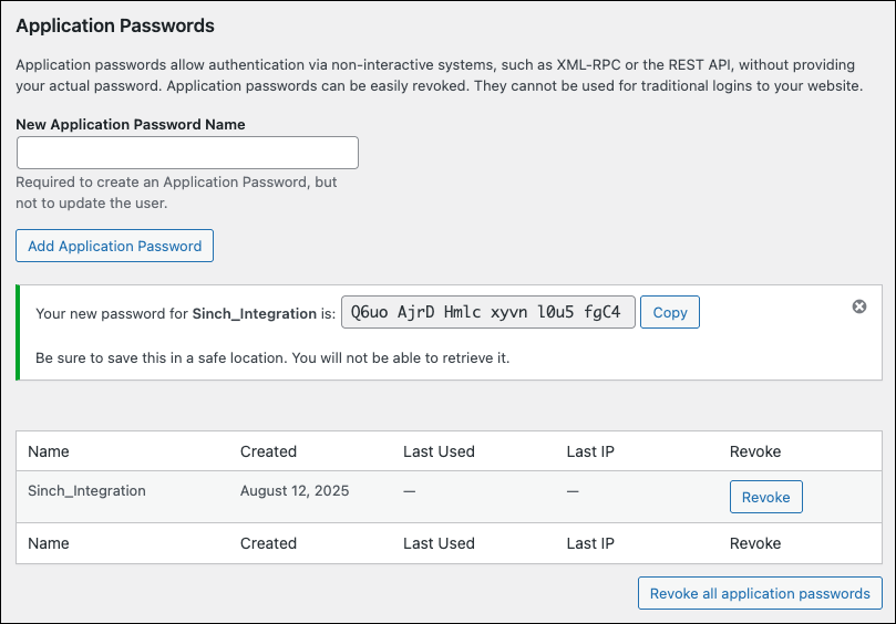 Mot de passe d'application de Wordpress - révoquer.