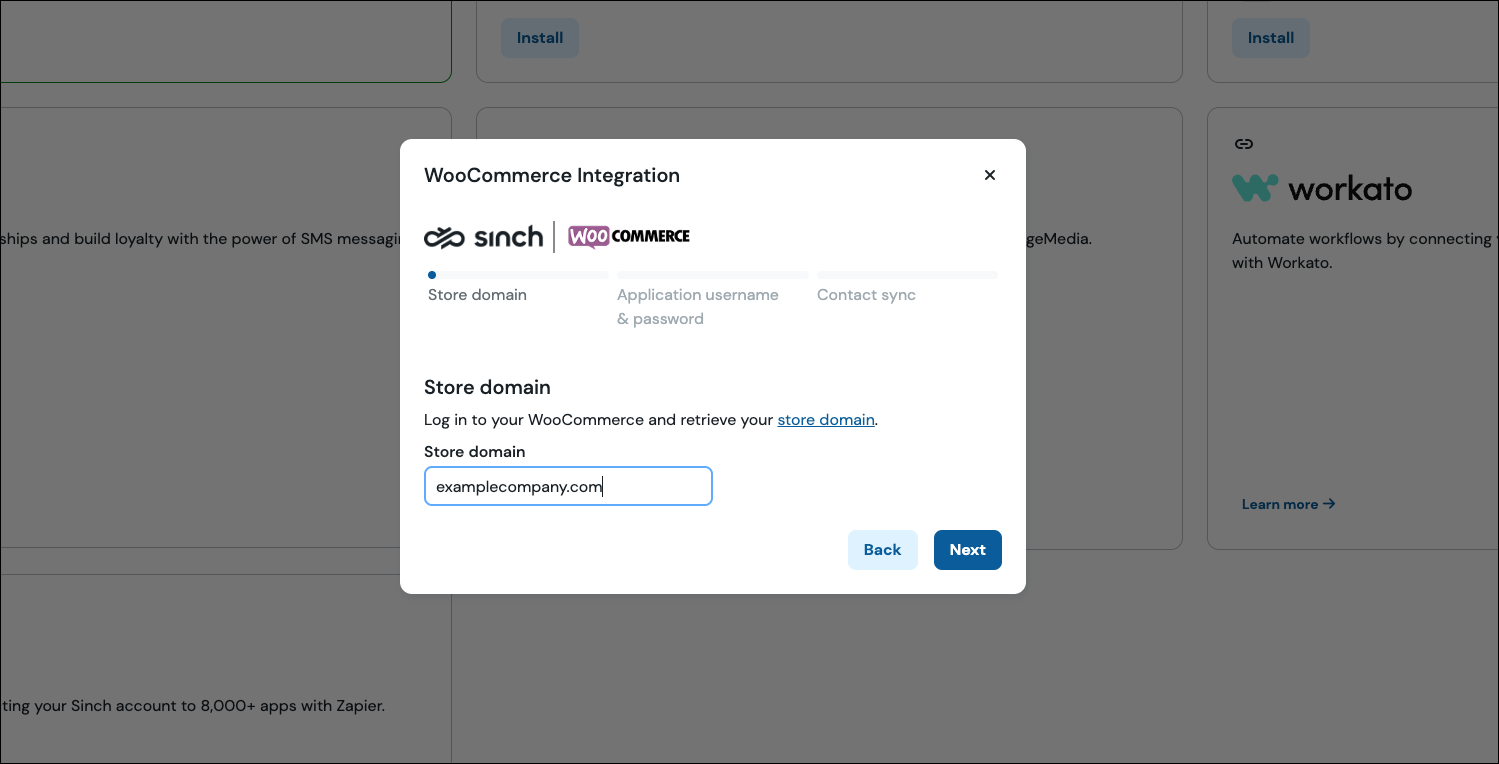 Pantalla de configuración de la integración de WooCommerce en Sinch - dominio de la tienda.