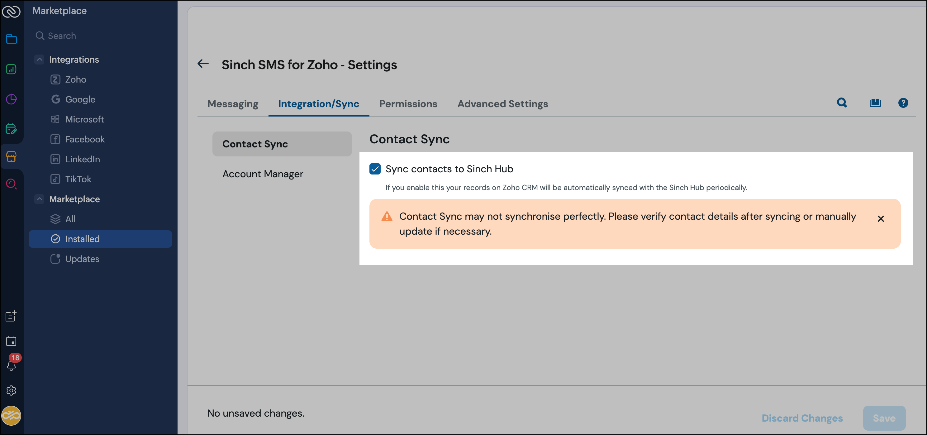 Configuration de la synchronisation des contacts dans Zoho CRM.