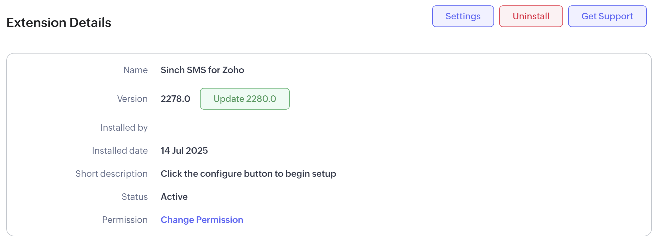 Actualizar la aplicación Sinch SMS para Zoho CRM - Detalles de la extensión.