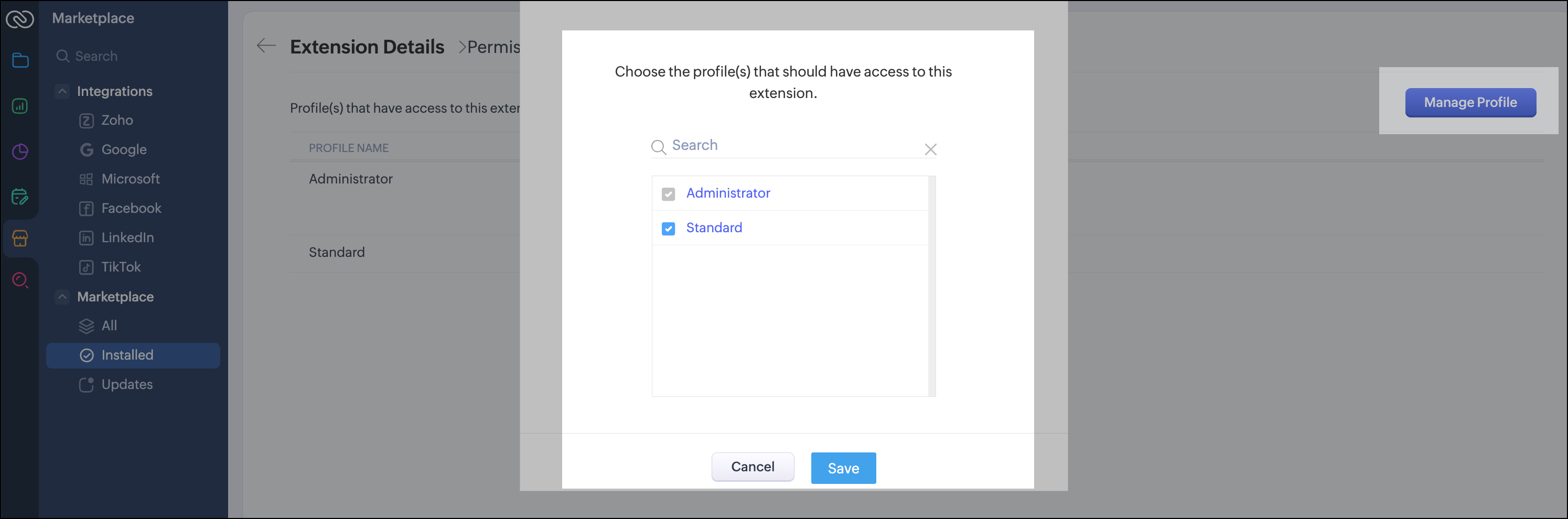 Gérer les profils dans SMS for Zoho CRM.