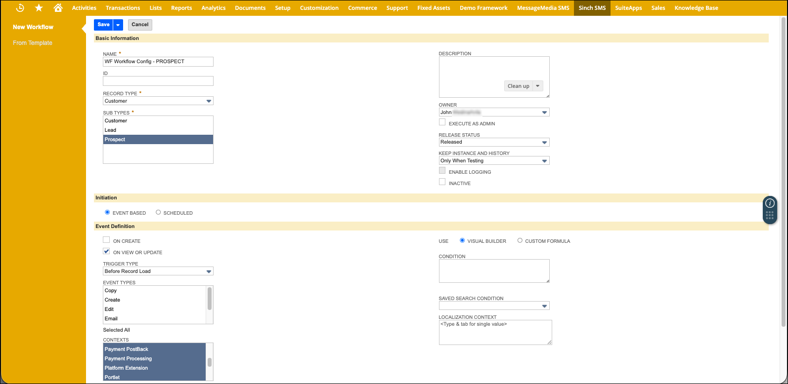 Configuración del flujo de trabajo de NetSuite: Prospecto.