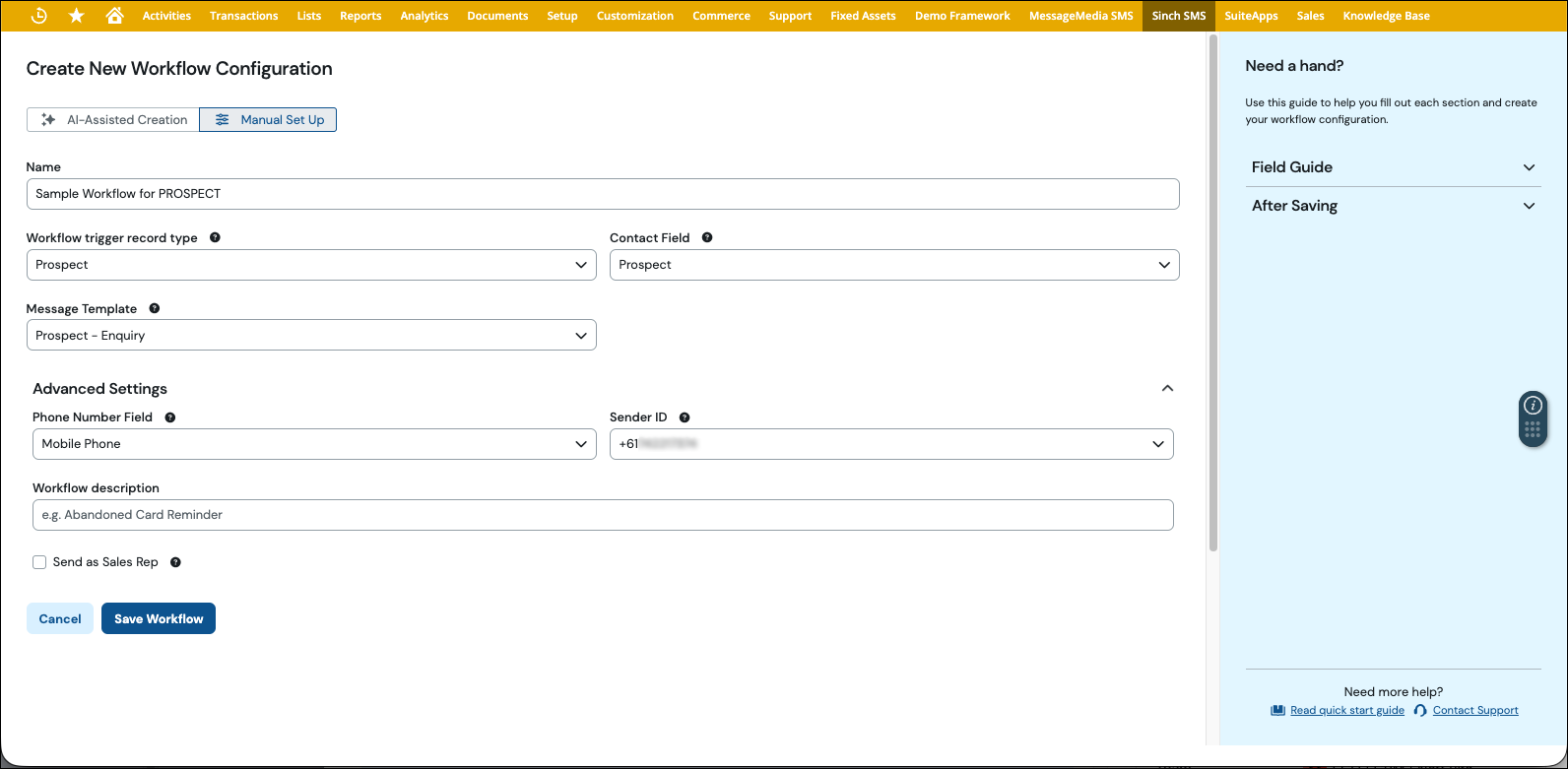 Nueva configuración del flujo de trabajo de NetSuite.