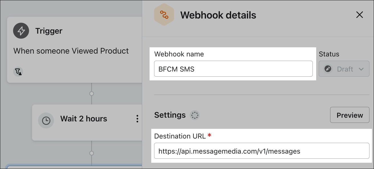 Rellena los detalles del webhook: nombre y URL de destino.