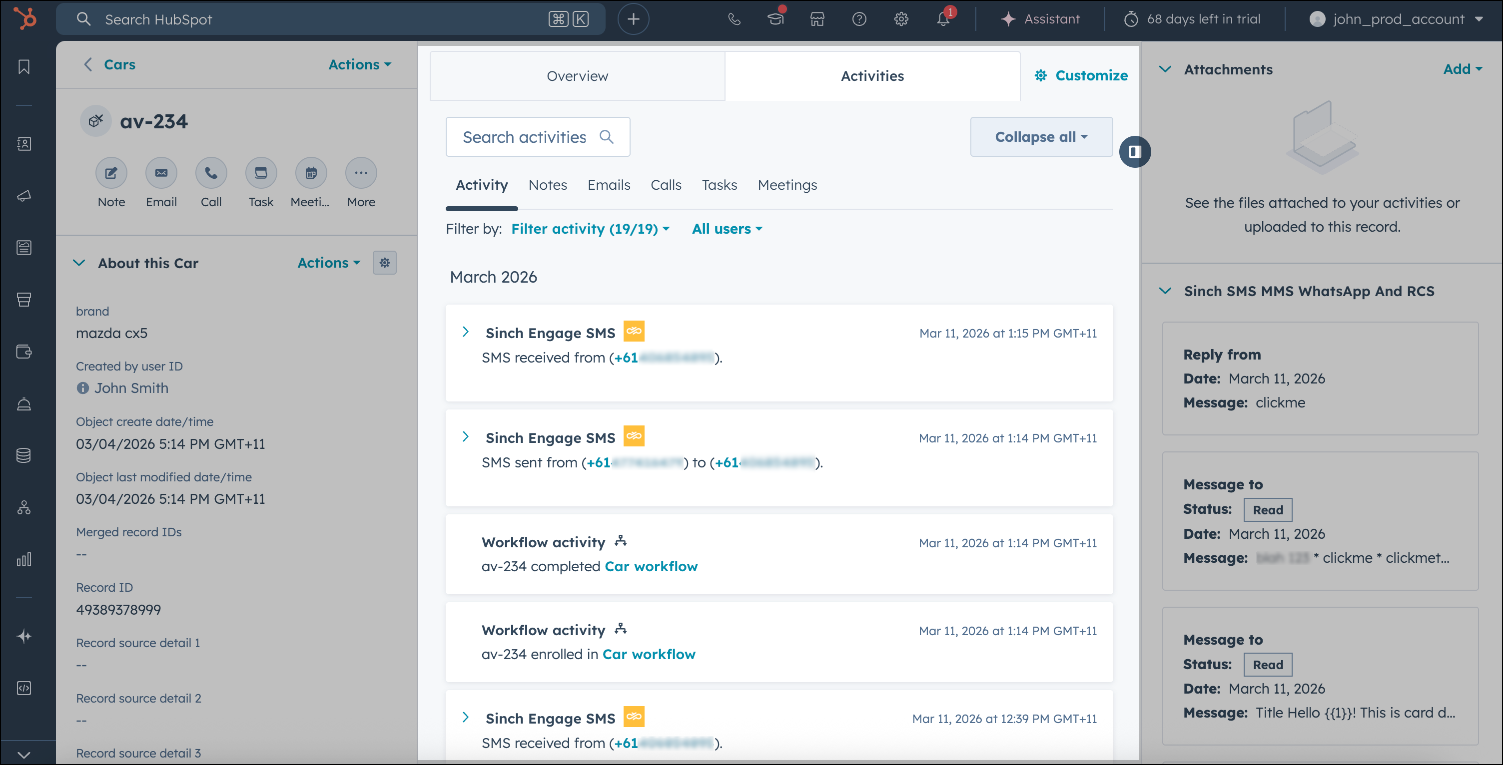 Pestaña de actividades del objeto personalizado de HubSpot.