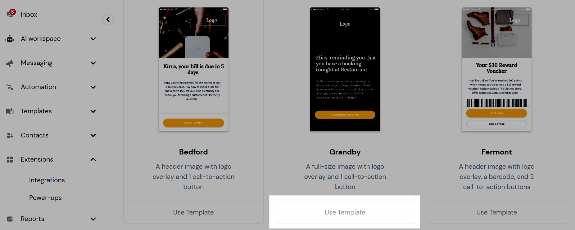 Capture d'écran de la sélection du modèle de landing page mobile.