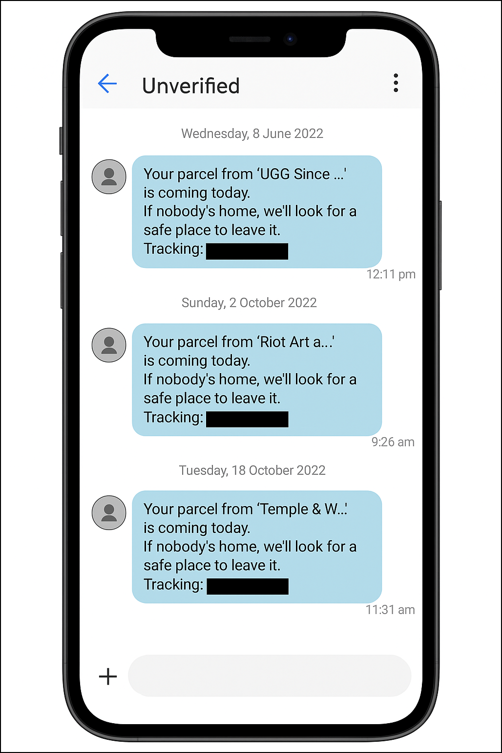Beispiel dafür, wie eine nicht verifizierte alphanumerische Absenderkennung ab dem 15. Dezember 2025 auf dem Mobiltelefon eines Empfängers aussehen würde.