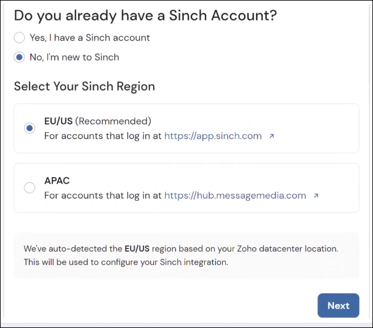 Sinch region selection.