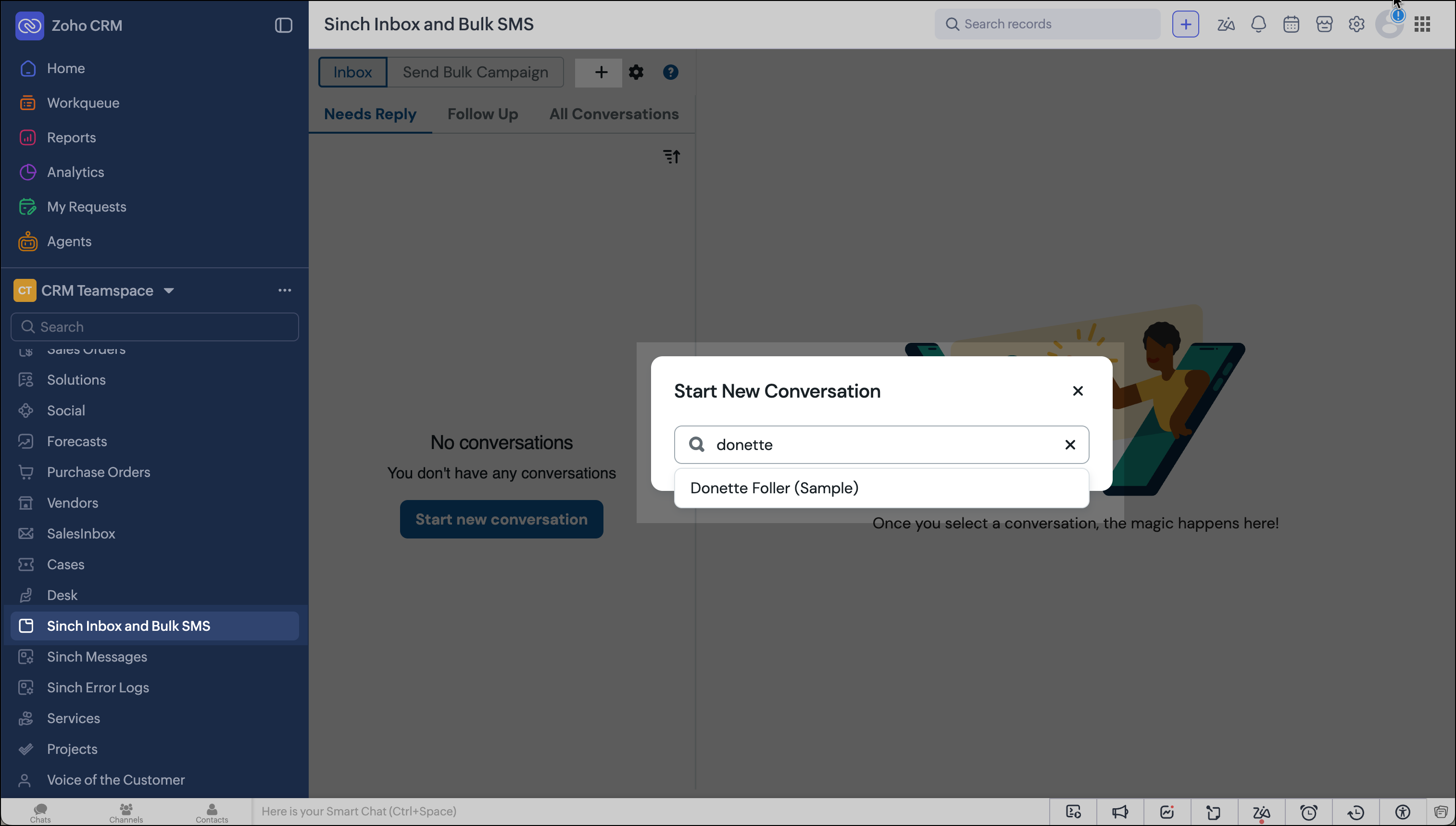 Start new conversation from Sinch Inbox and Bulk SMS tab.
