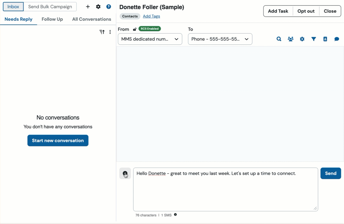 Send individual message from Sinch inbox to contact record.