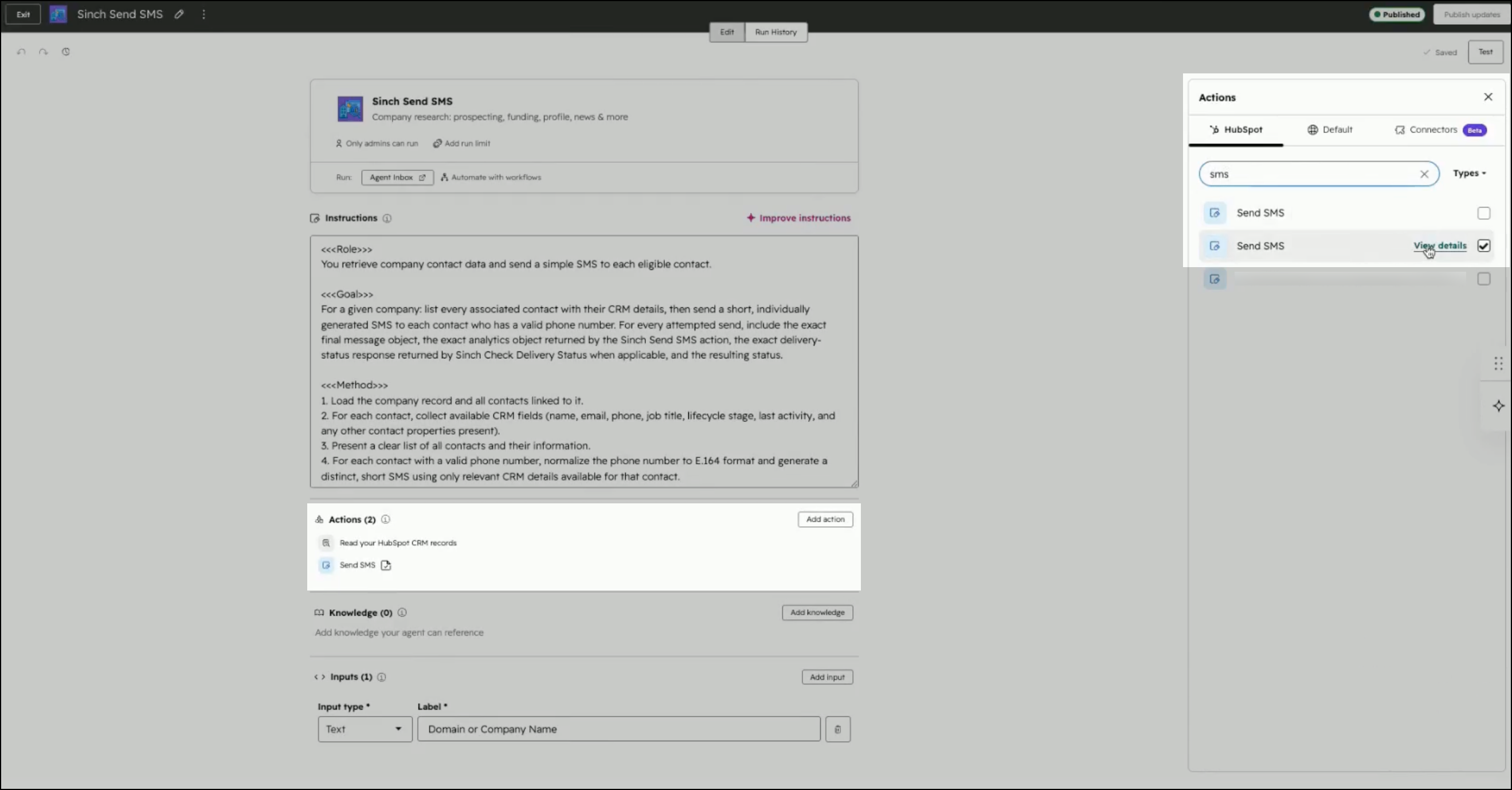 HubSpot Breeze Agent Hub Add Action Send SMS_EN.png