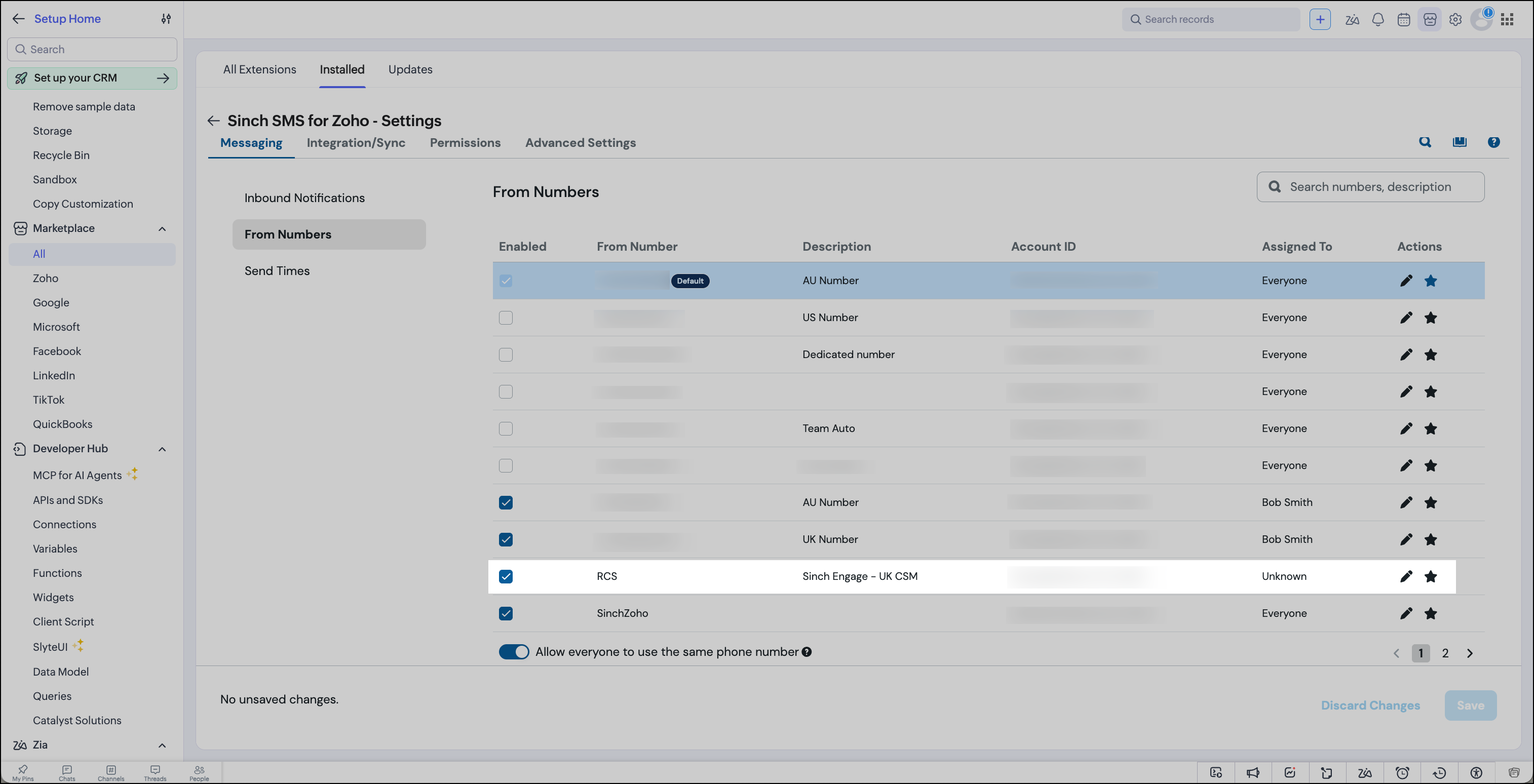 Sinch SMS for Zoho - Settings.