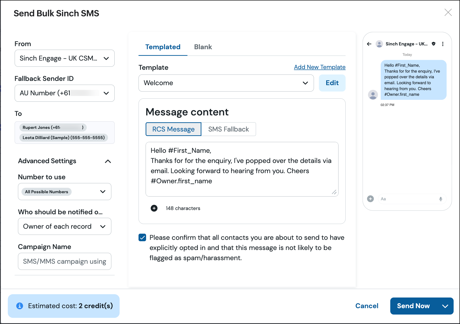 Send Bulk Sinch SMS RCS.