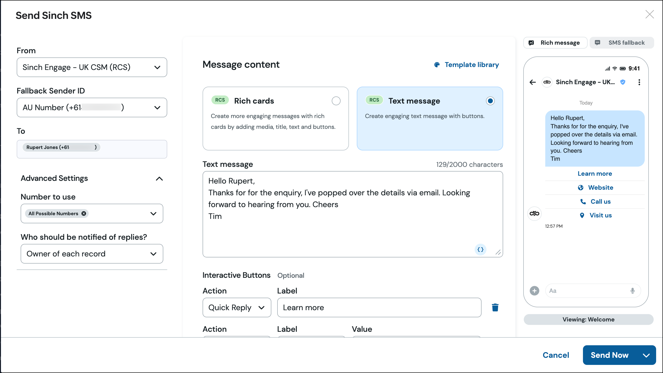 Zoho CRM record composer text message_3.png