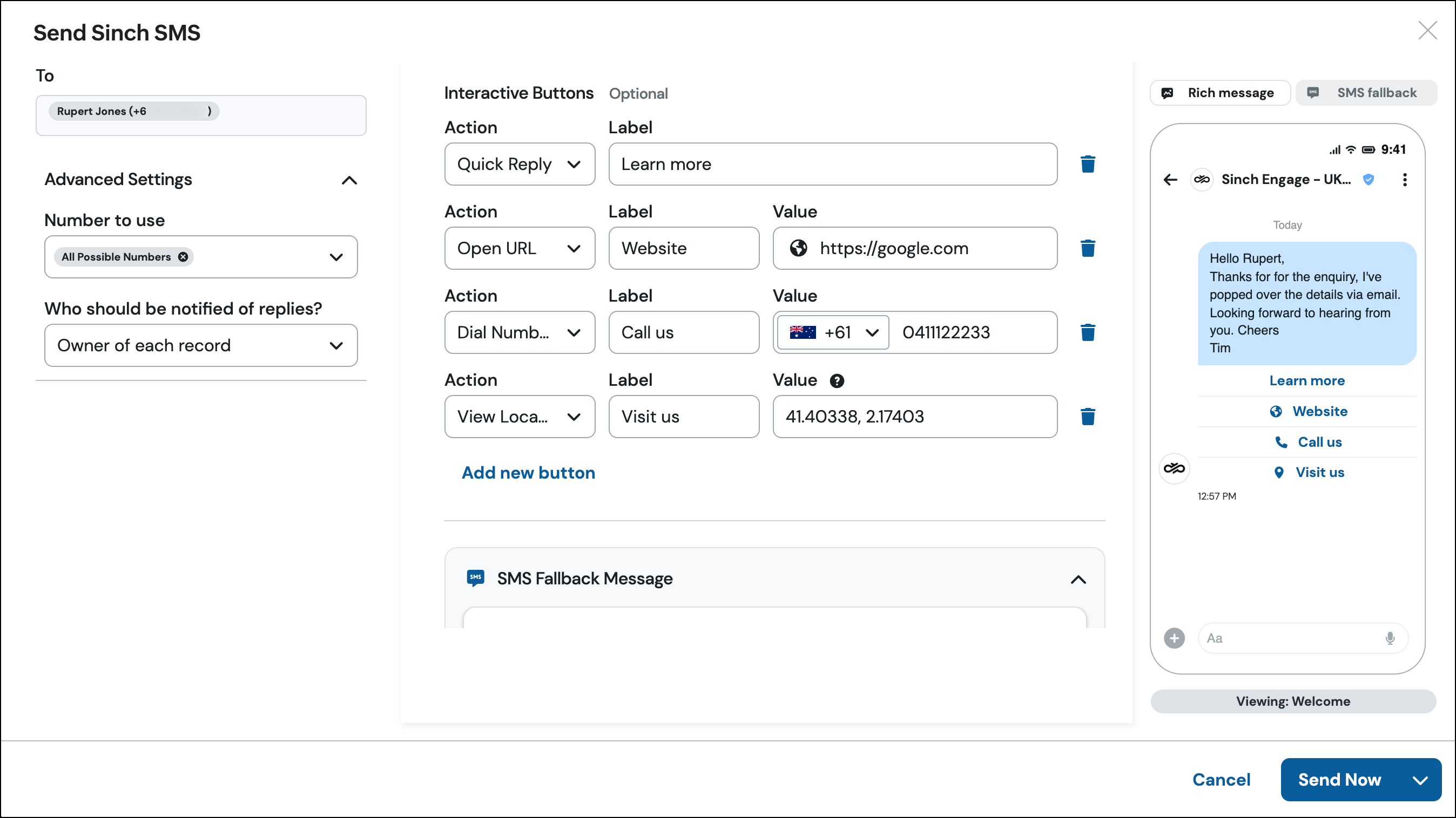 Zoho CRM record composer text message_2.png