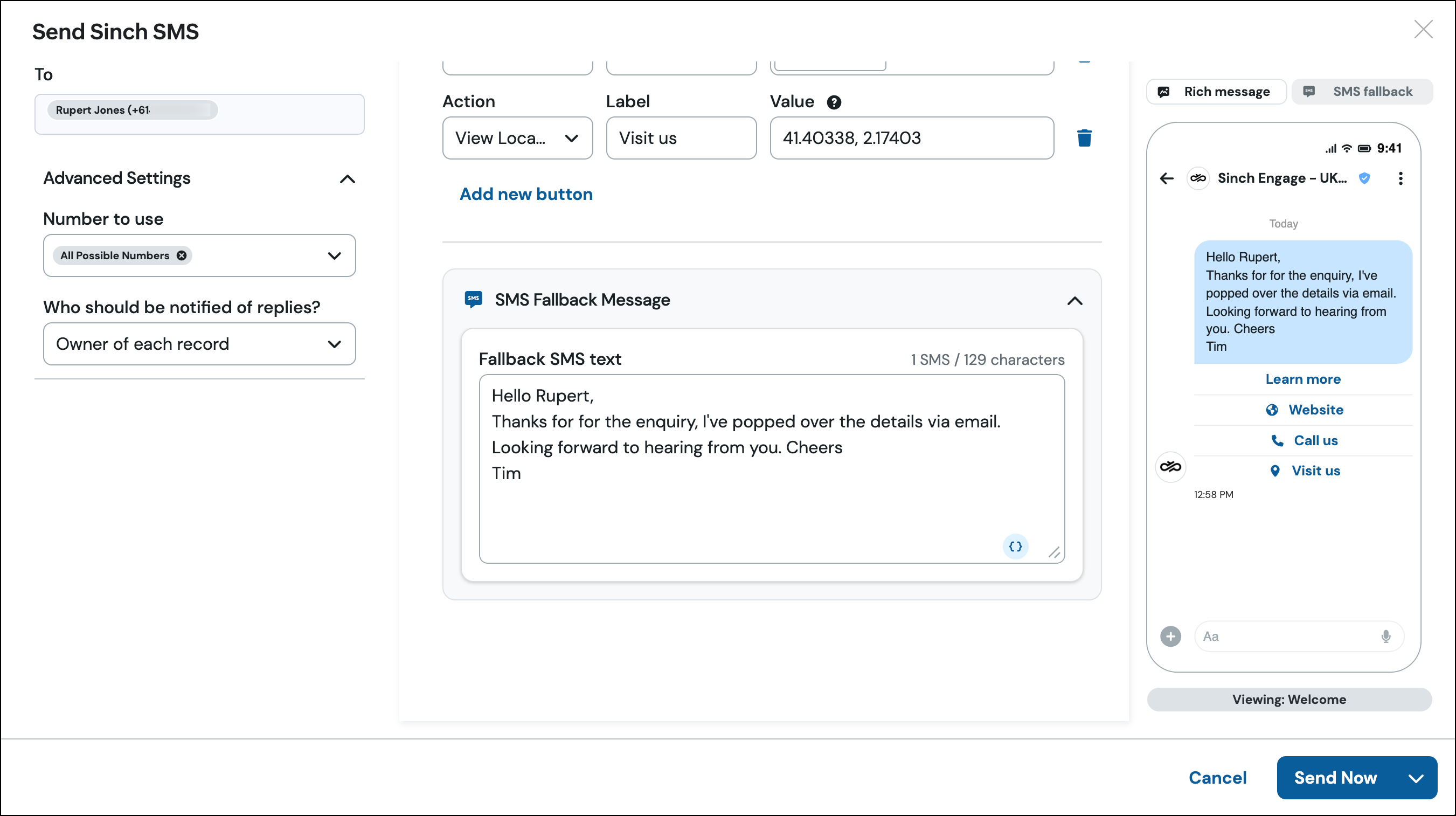 Zoho CRM record composer text message_1.png